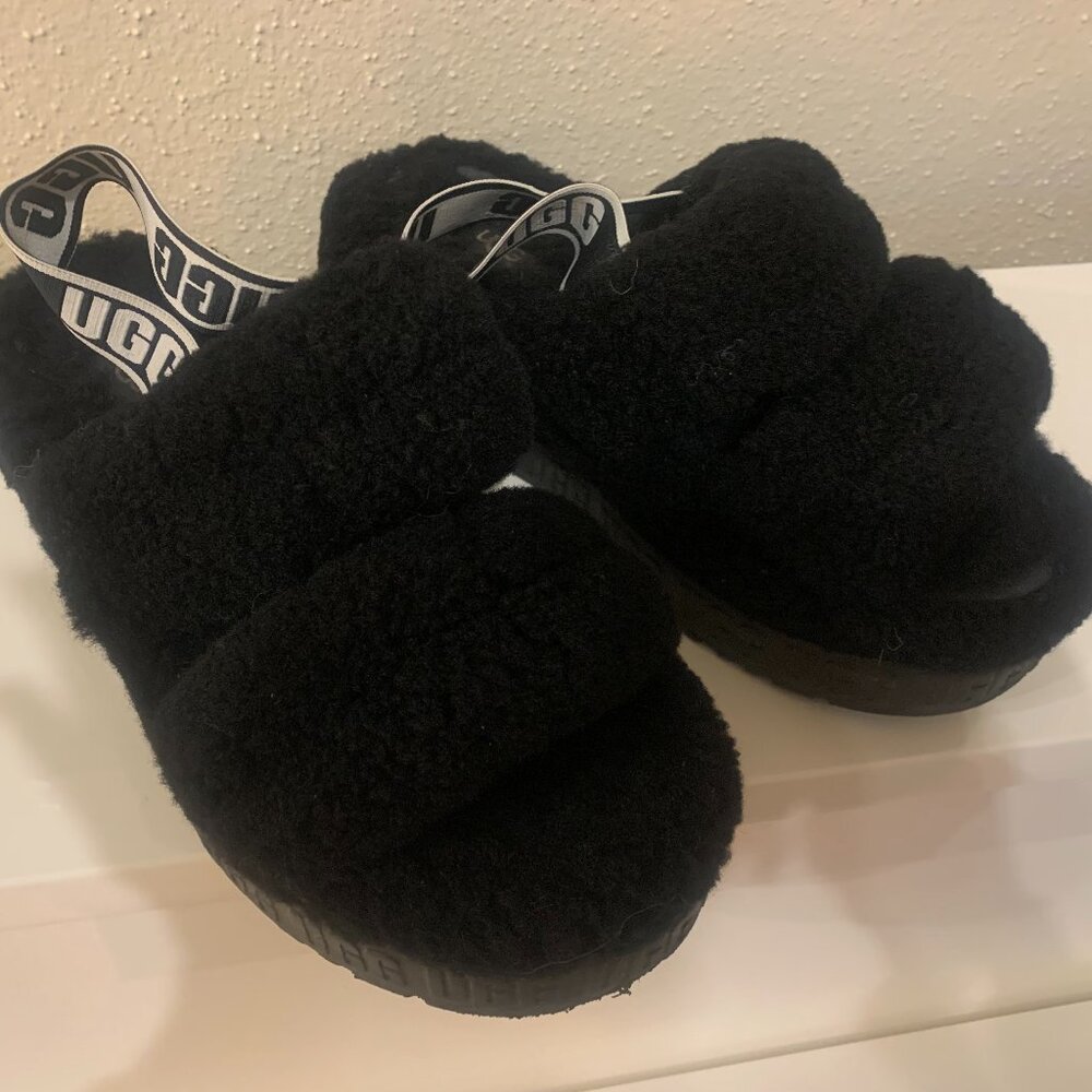 UGG Black Fuzz Platform Slide Sandals
